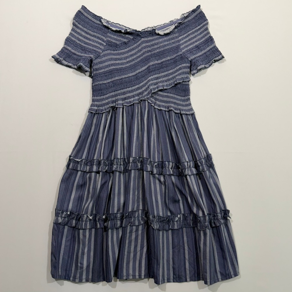 Japna Dress Smocked Off Shoulder Striped‎ Ruffle Tiered Blue Womens Medium M